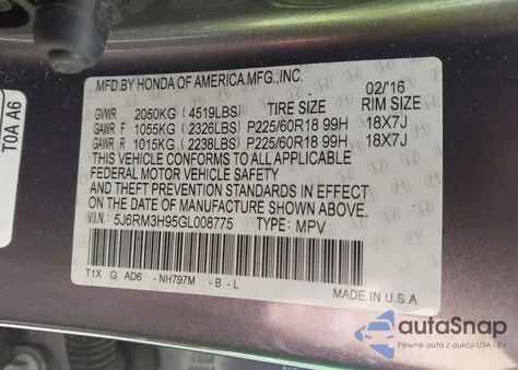 2016 Honda Cr-V Touring из США, поврежденный, VIN 5J6RM3H95GL008775